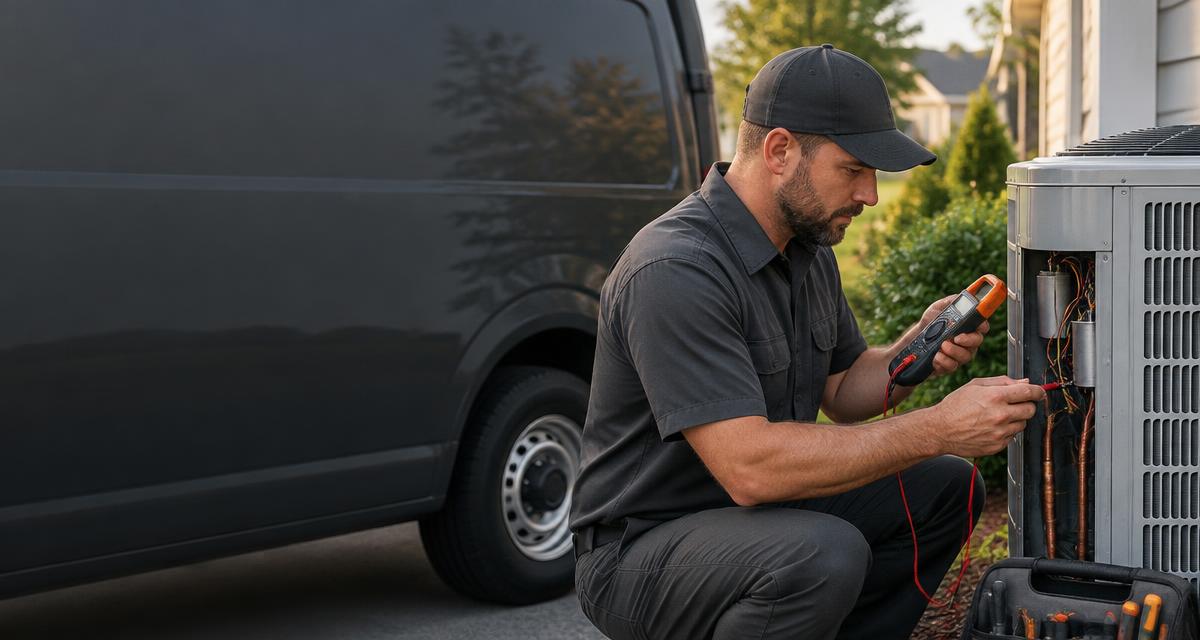 Illustrative HVAC technician inspecting an outdoor heat pump